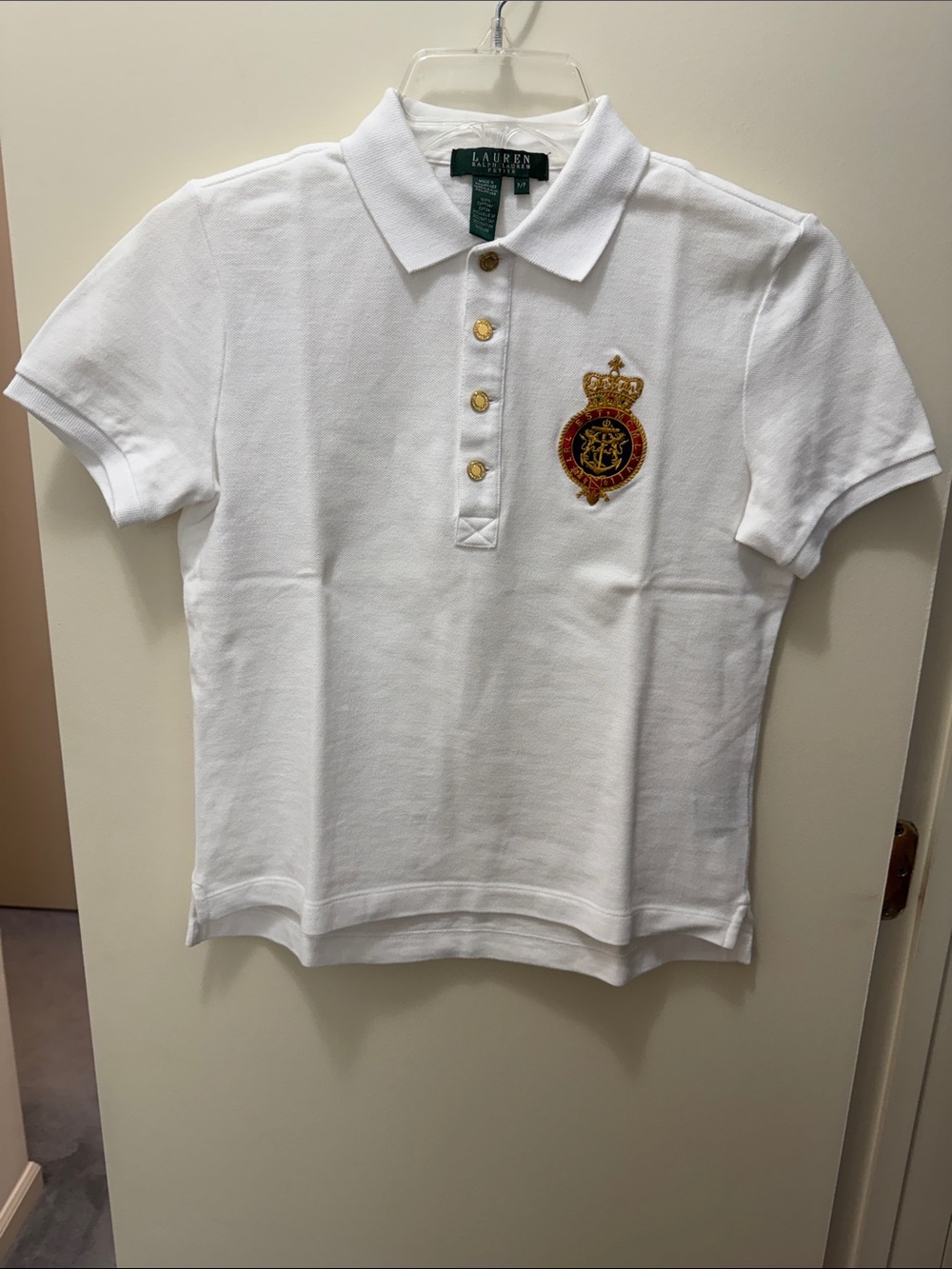 Lauren Ralph Lauren White Polo with Gold Crest Patch and Buttons